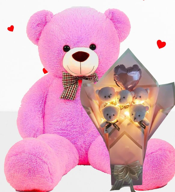 Büyük 90 cm Peluş Ayı ve LED Işıklı Pembe Balonlu Romantik Peluş Ayıcık Buketi –
