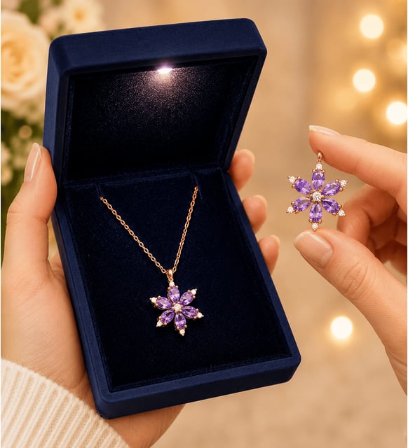 Premium Işıklı Kutuda Gerçek Ametist Taşlı Lotus Kolye – 925 Ayar Gümüş Kadın Kolye
